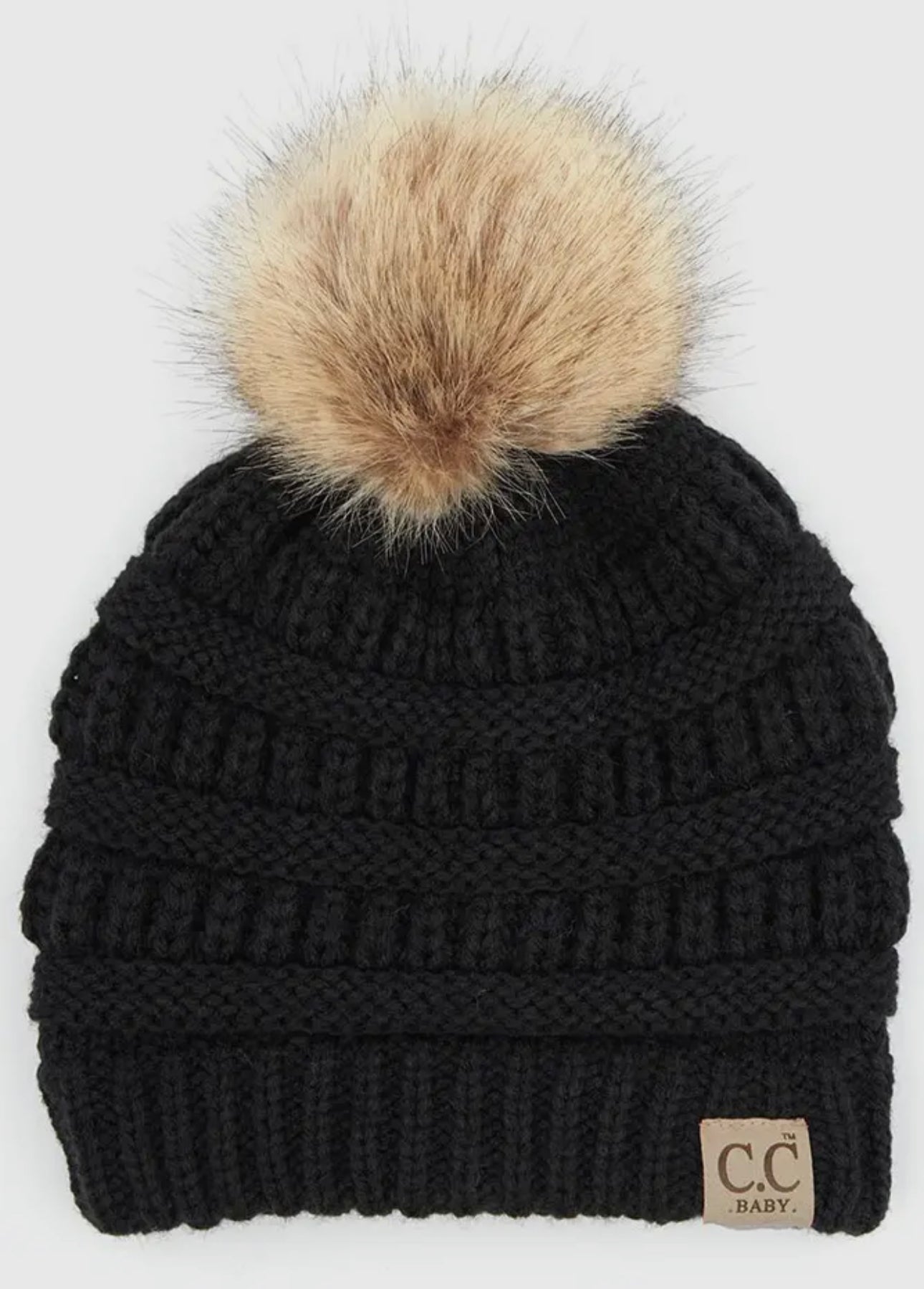 RTS - C.C Solid Ribbed Infant Natural Fur Pom Beanie - Black