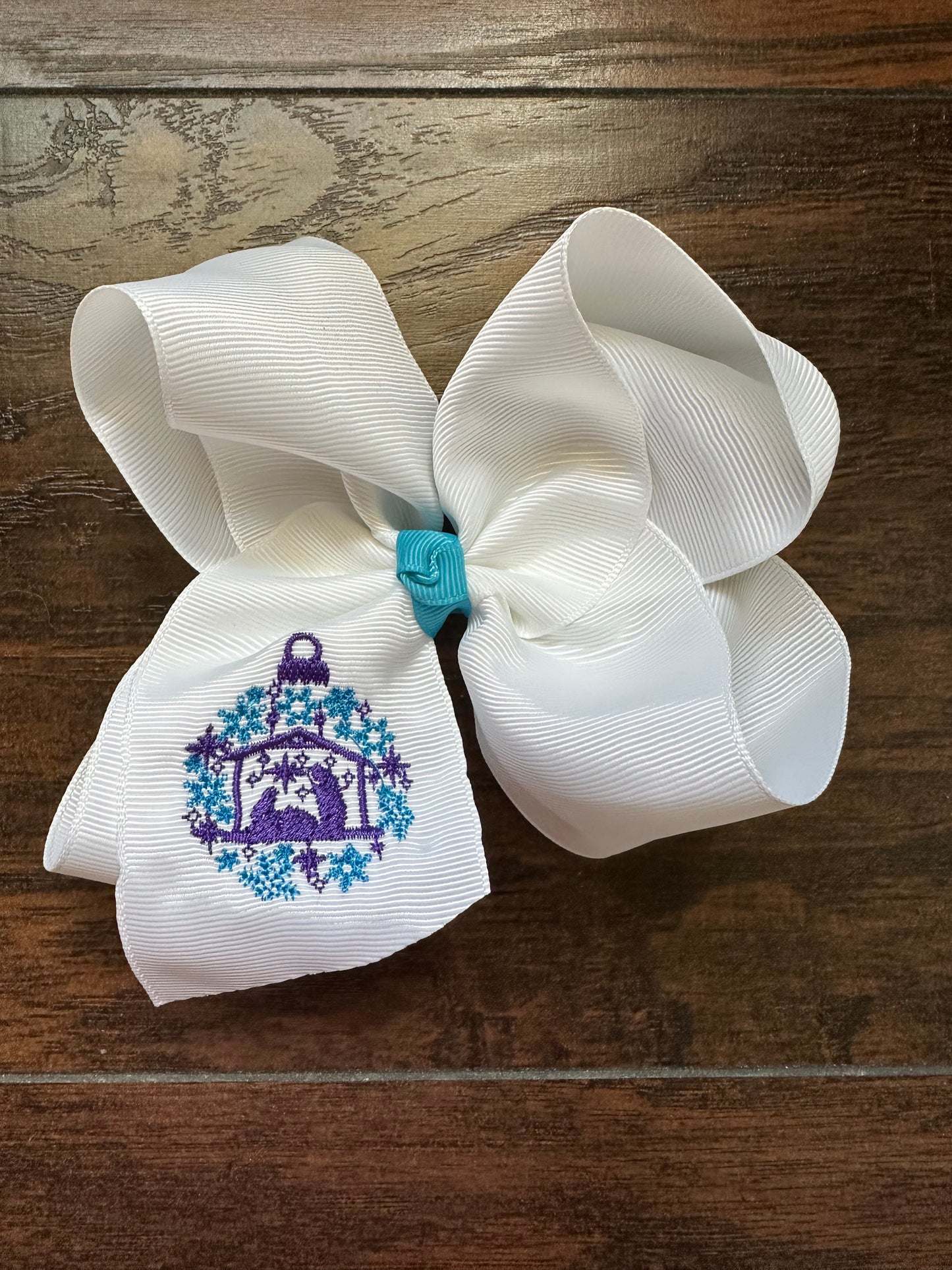 RTS - Purple/Teal Nativity Embroidered Hair Bow