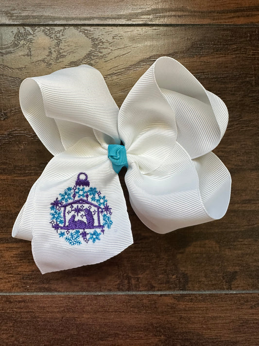 RTS - Purple/Teal Nativity Embroidered Hair Bow